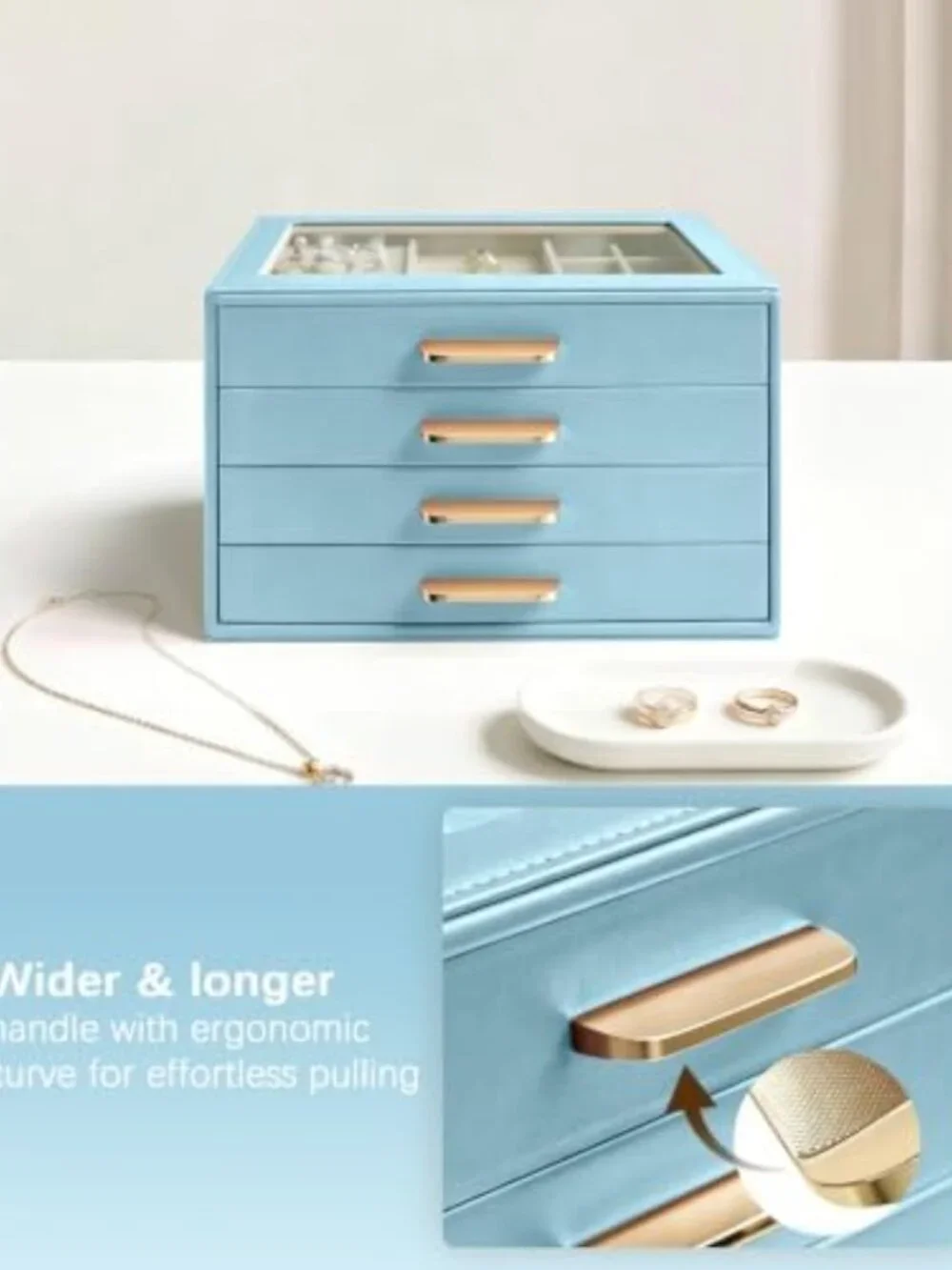 Stylish 4-Layer Jewelry Organizer Box with Glass Lid - Blue PU Leather Storage